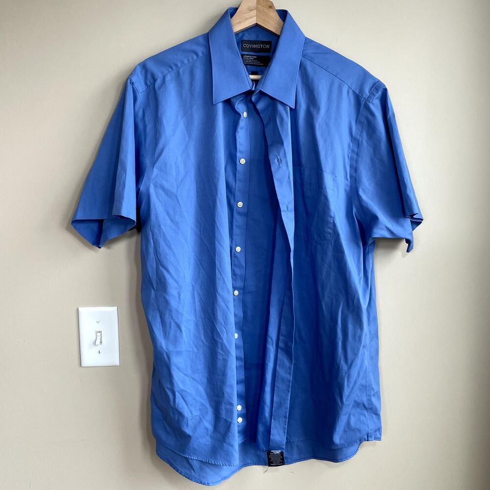 Covington wrinkle, stain free short sleeved button down shirt royal blue men's L